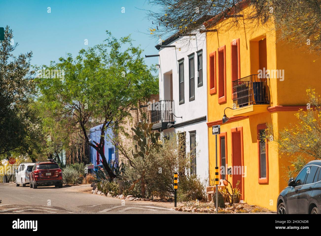 Vibrant, colorful adobe homes in Tucson's Barrio Viejo, Arizona, USA Stock Photo