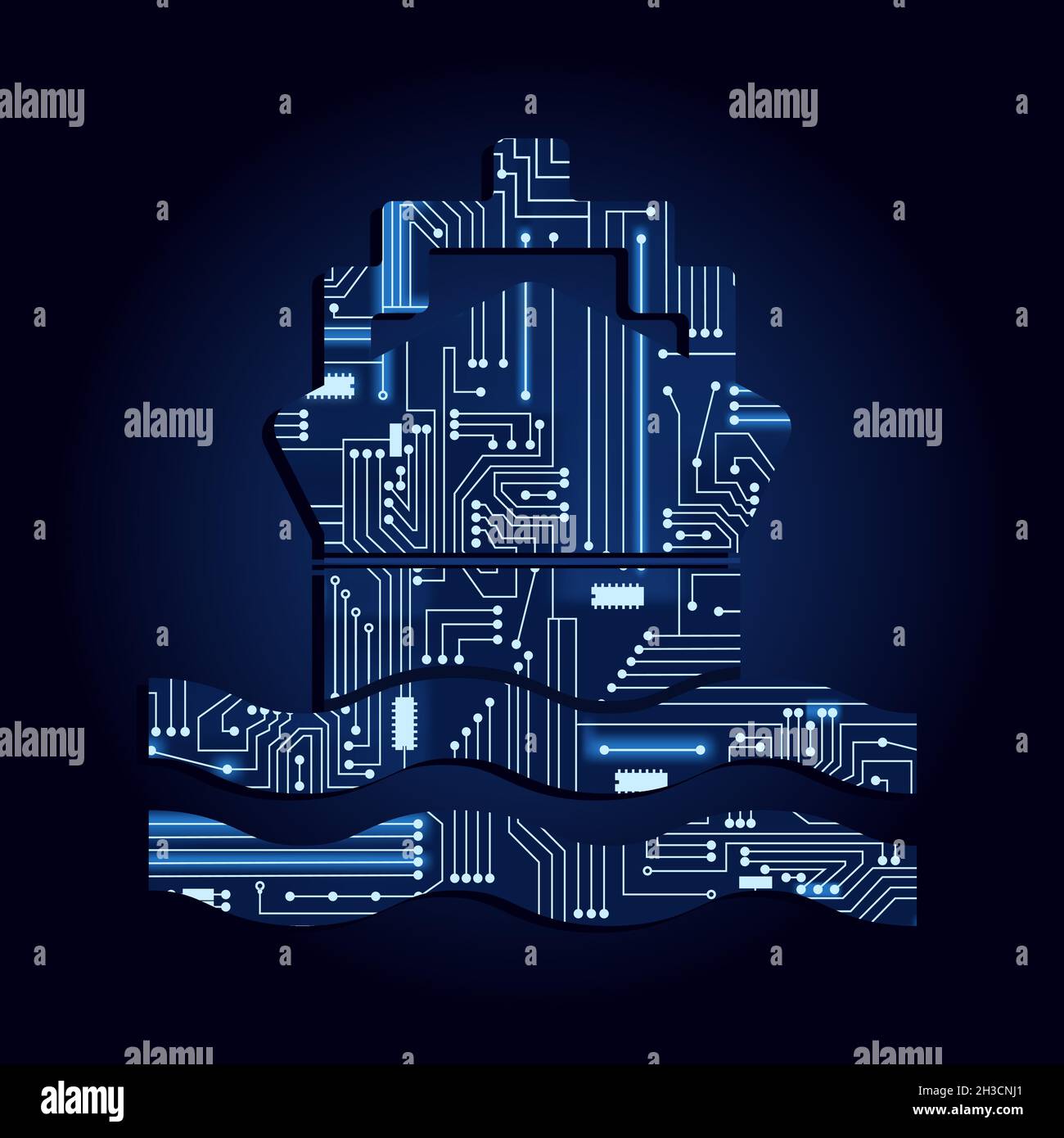 Ship symbol with a technological electronics circuit. Blue background. Stock Vector