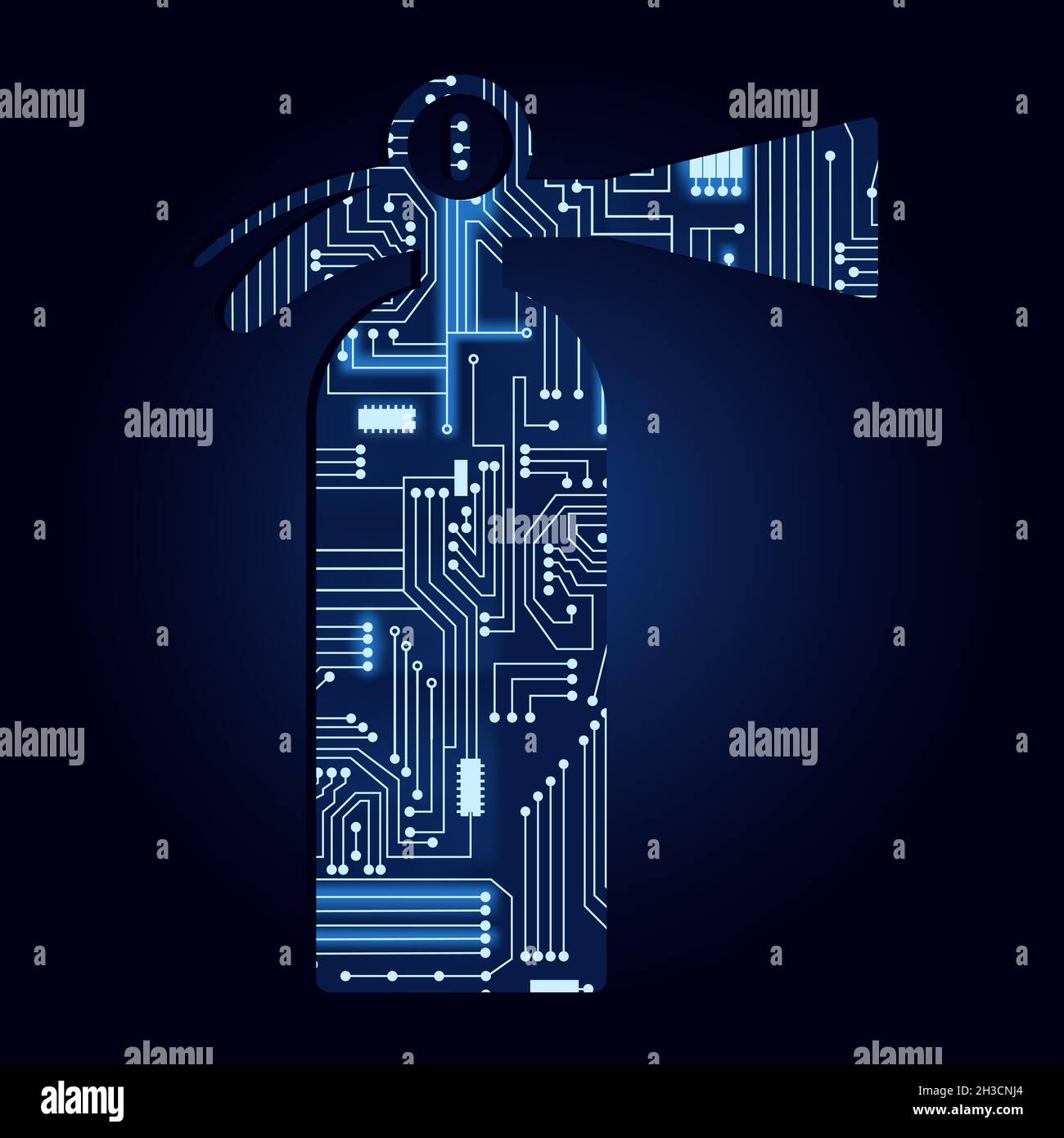 Extinguisher symbol with a technological electronics circuit. Blue background. Stock Vector