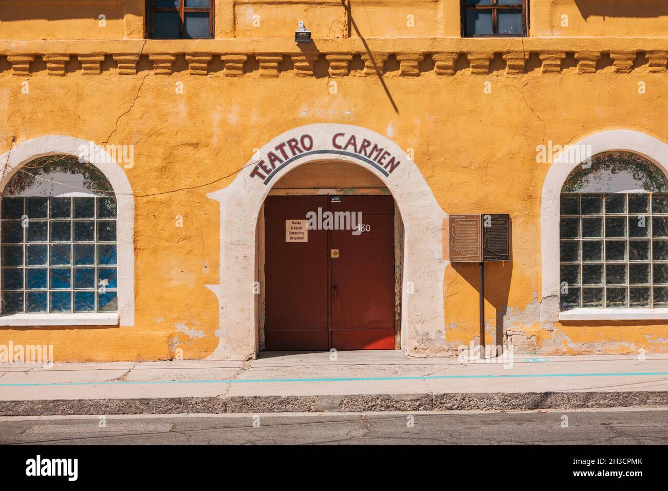The front view of Teatro Carmen, an historic theater built in 1915 in what is now Barrio Viejo (Old Neighborhood) in Tucson, Arizona Stock Photo