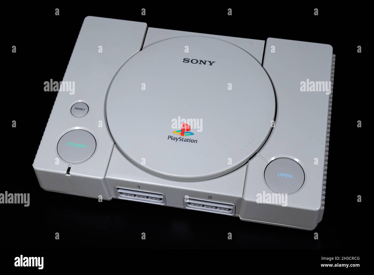Fukuoka, Japan - october 24, 2021 : the original sony playstation 32-bit home video game console released in 1994 isolated on black background Stock Photo