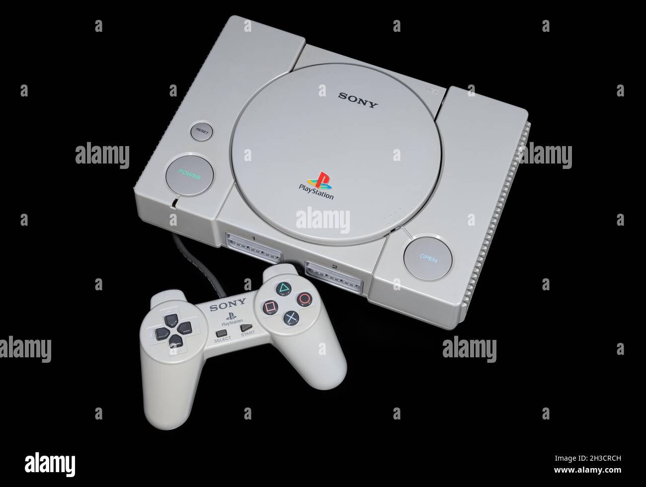 Fukuoka, Japan - october 24, 2021 : the original sony playstation 32-bit home video game console released in 1994 isolated on black background Stock Photo