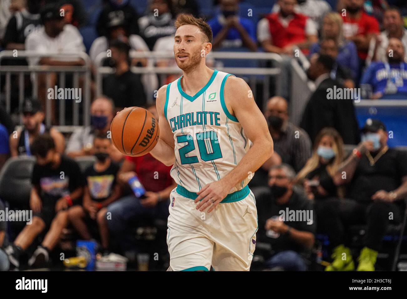 Charlotte Hornets forward Gordon Hayward (20) brings the ball up court  against the Washington Wizards during the first half of an NBA basketball  game in Charlotte, N.C., Wednesday, Nov. 17, 2021. (AP