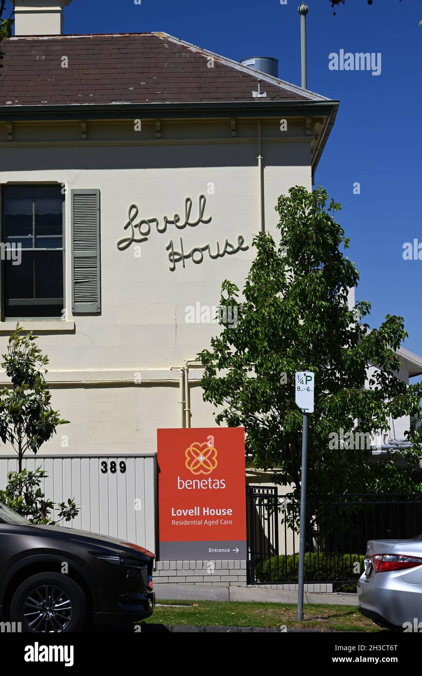 Signage at Lovell House, a Benetas residential aged care facility on Alma Rd, in greater Melbourne Stock Photo