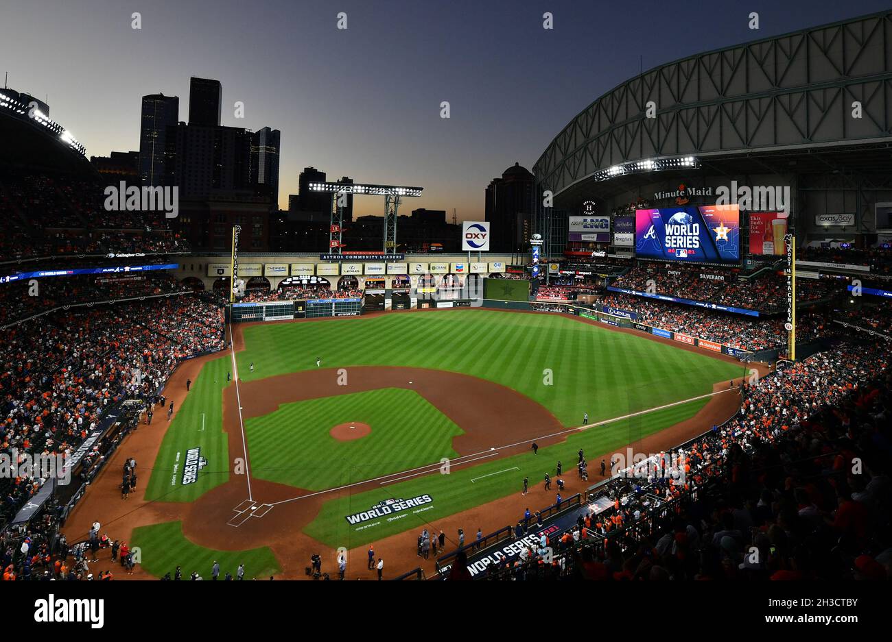 Houston, USA. 27th Oct, 2021. Members of the Houston Astros infield wait  for a pitching change in the 7th inning of game two against the Atlanta  Braves in the MLB World Series