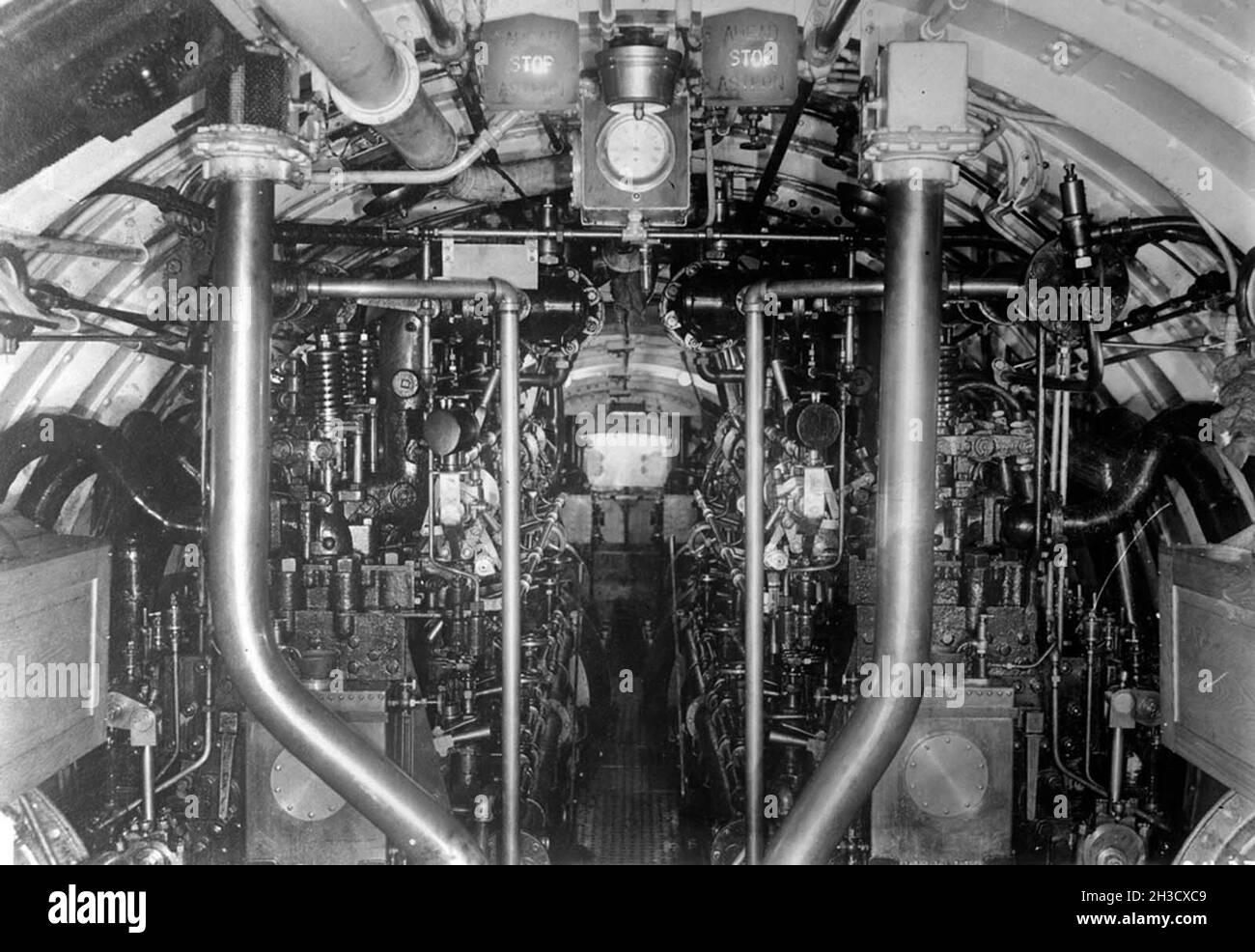 The complex inner structure of an american submarine, seen from amidships and looking aft. Stock Photo