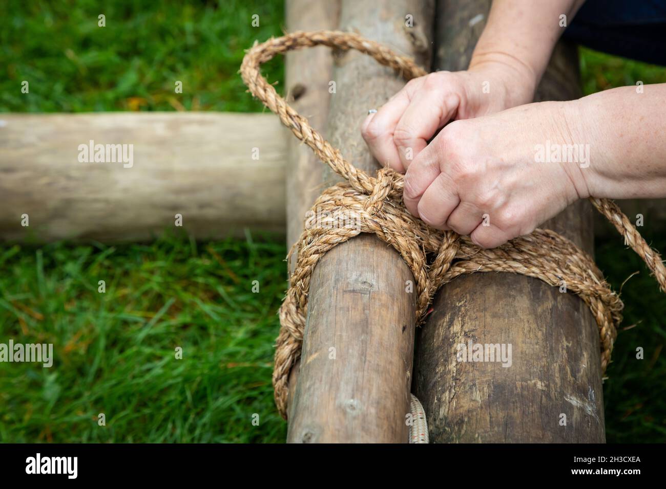 Camping, Survival skills, Fire, cooking, orienteering, ropes knots, making kindling Stock Photo