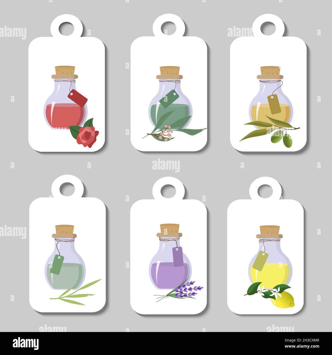 Set of labels with jars of oils for spa treatments. Lemon, eucalyptus, green tea and lavender oils, rose and olive oils. Stock Vector