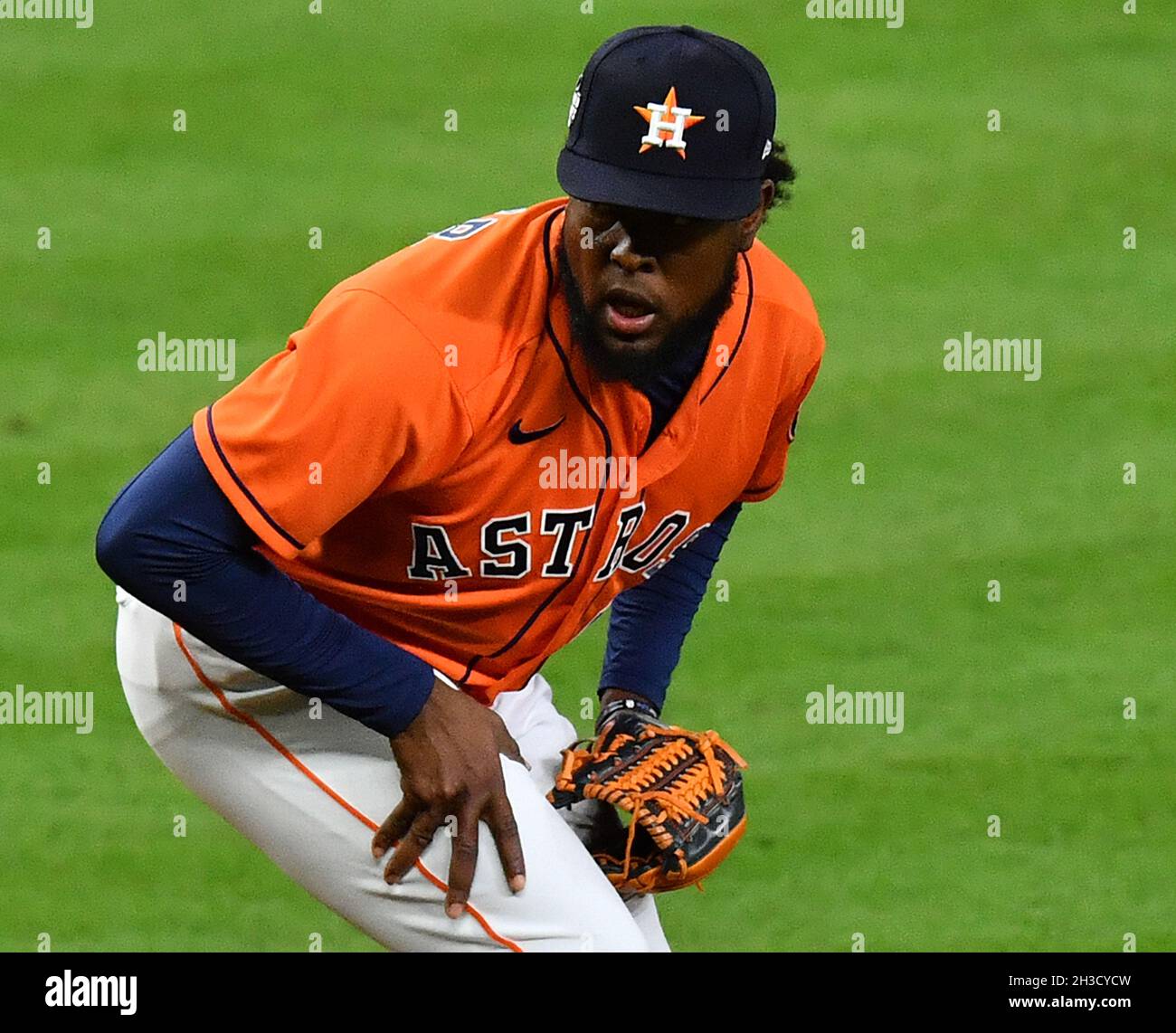 Houston, USA. 27th Oct, 2021. Houston Astros relief pitcher Cristian Javier  throws in the 6th inning in game two against the Atlanta Braves in the MLB  World Series at Minute Maid Park