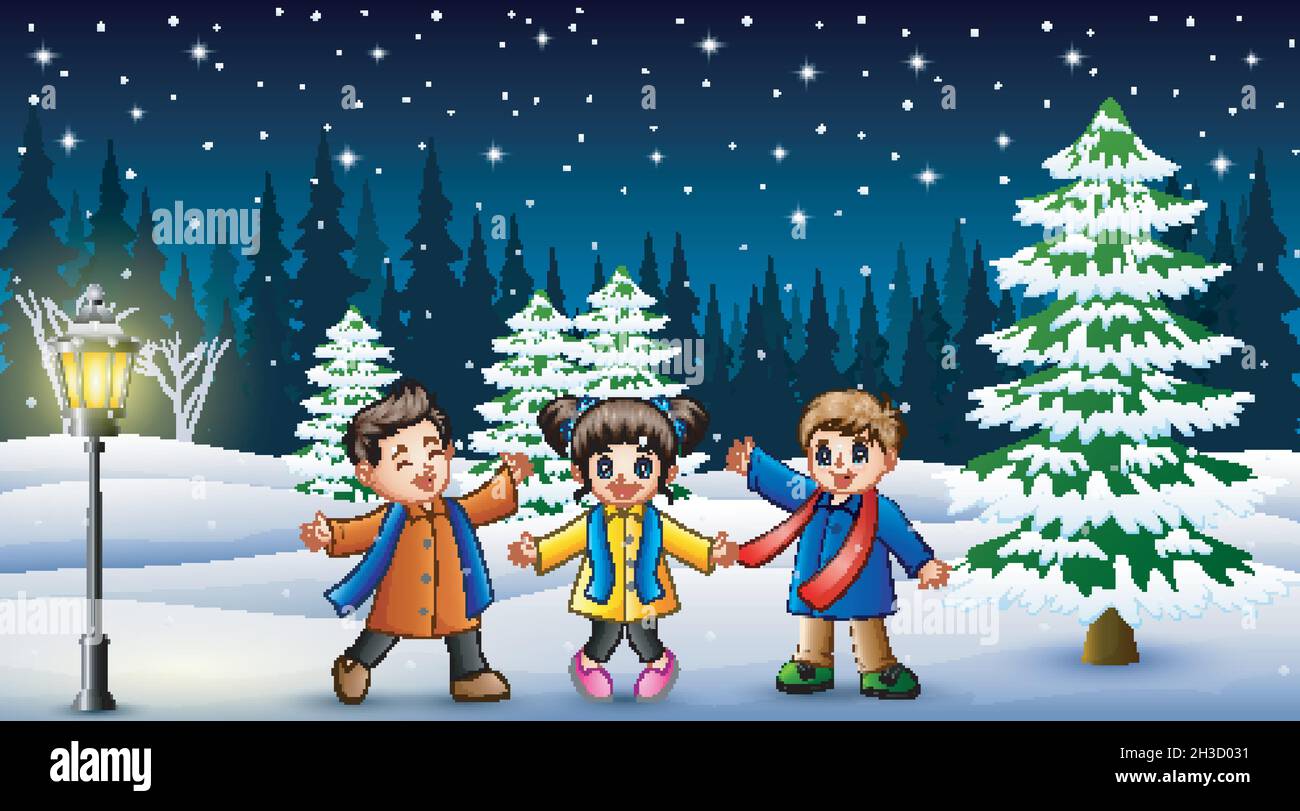 Happy kids playing in winter landscape at night Stock Vector Image ...