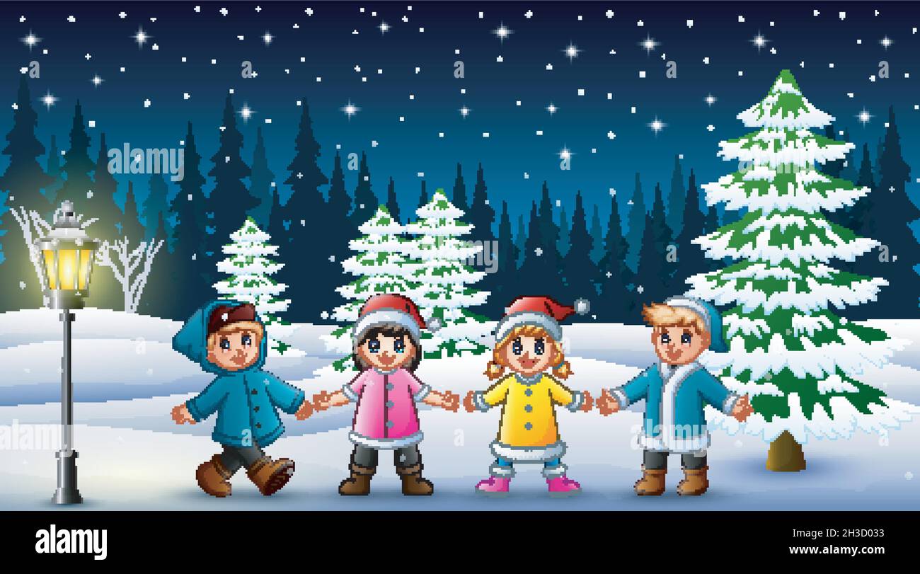Happy kids playing in winter landscape at night Stock Vector Image ...