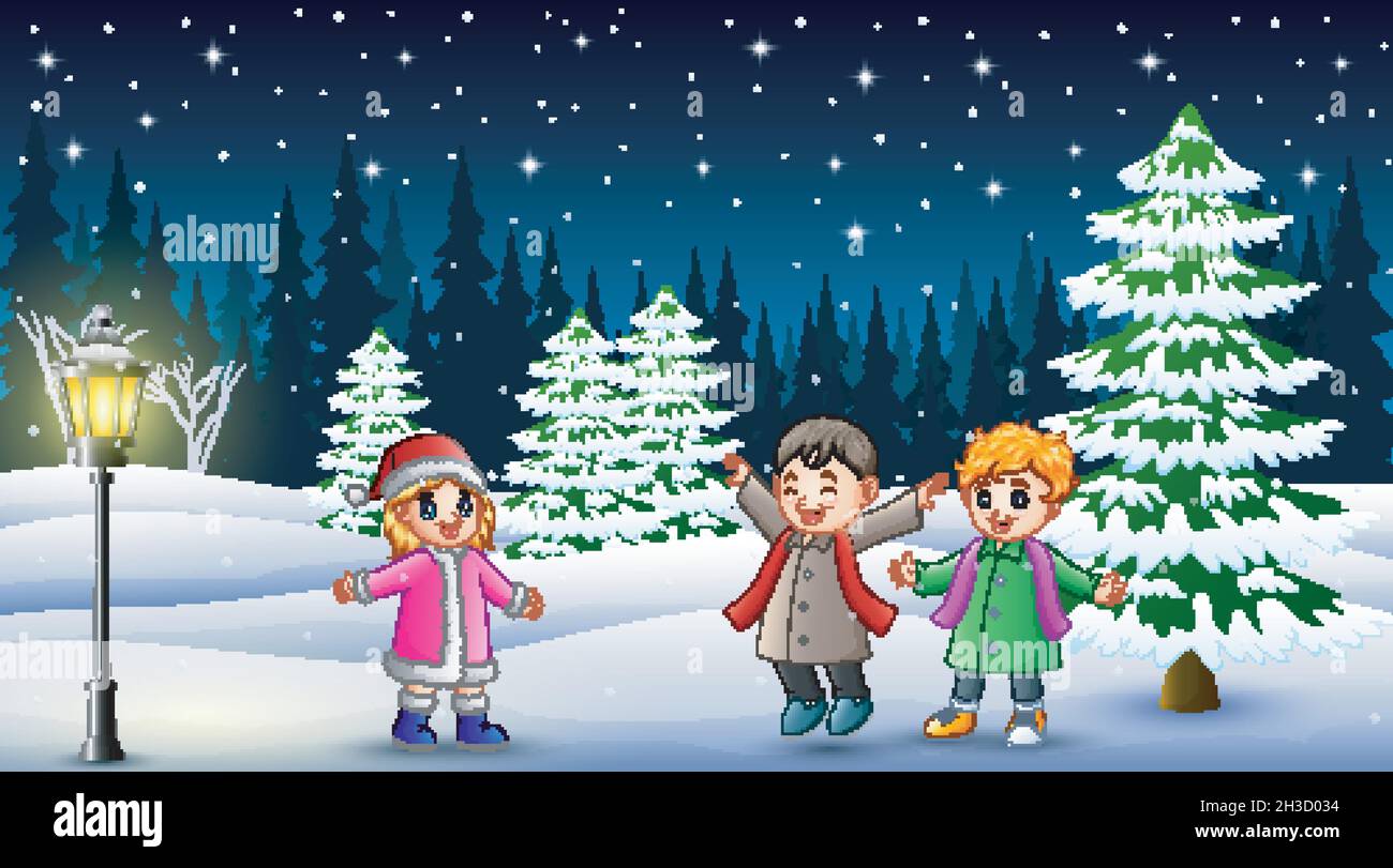Happy kids playing in winter landscape at night Stock Vector Image ...