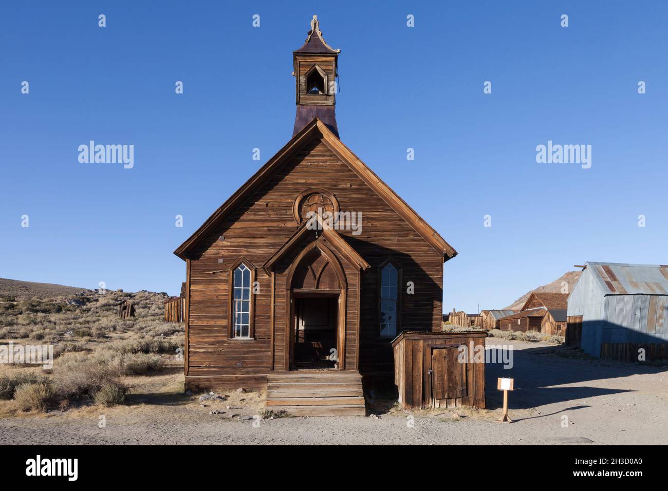 Methodist Church on Green Street in the ghost town of Bodie at Bodie State Park. Stock Photo
