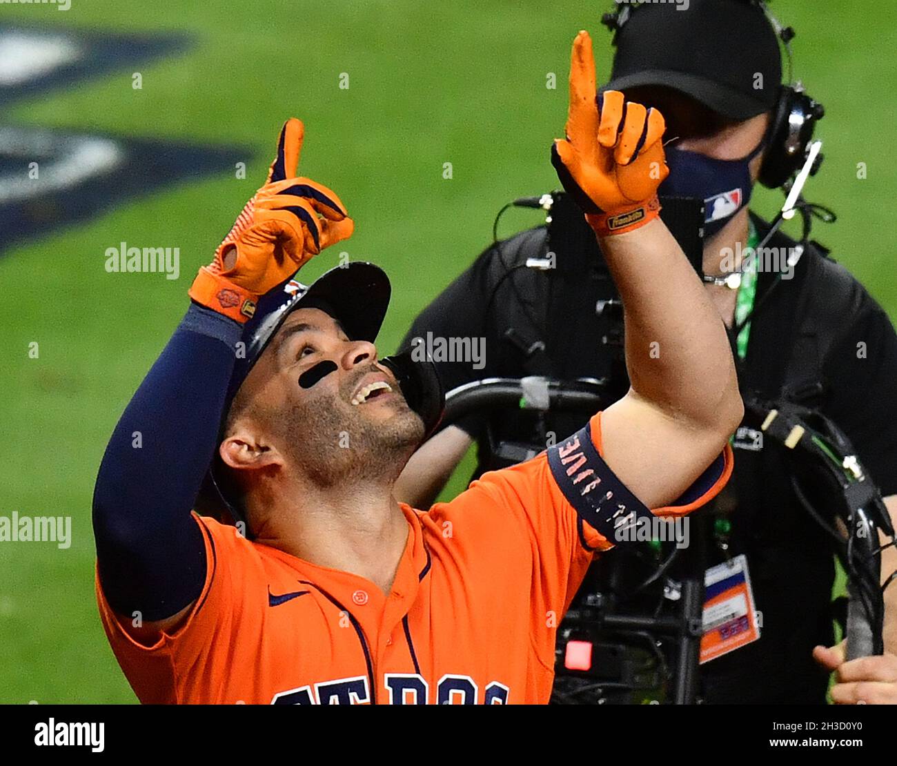 Houston, United States. 26th Oct, 2021. Houston Astros left fielder Michael  Brantley is congratulated by first base coach dan Firova after hitting a  single in the 1st inning of game one against