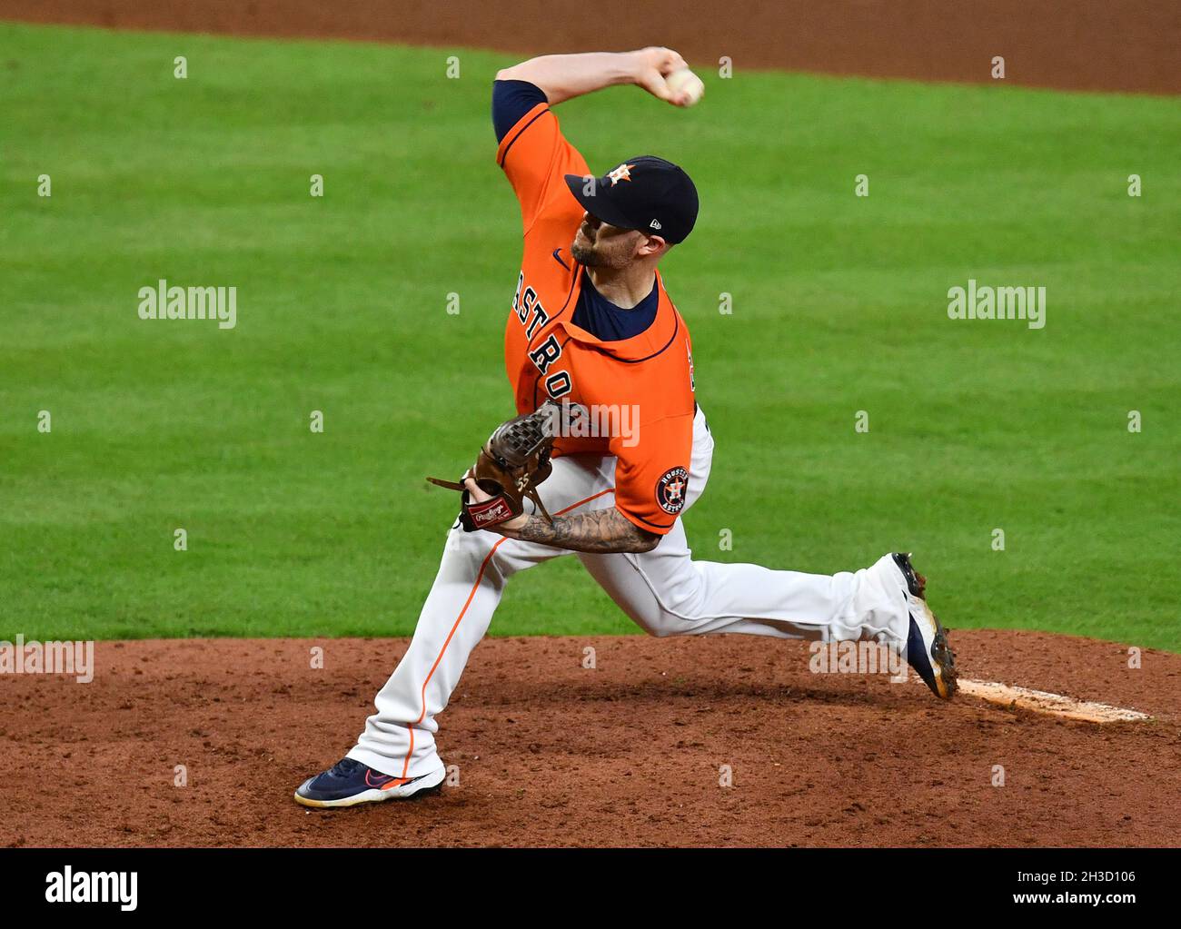 Houston, USA. 27th Oct, 2021. Houston Astros relief pitcher Ryan Pressly  throws in the 8th inning in game two against the Atlanta Braves in the MLB World  Series at Minute Maid Park
