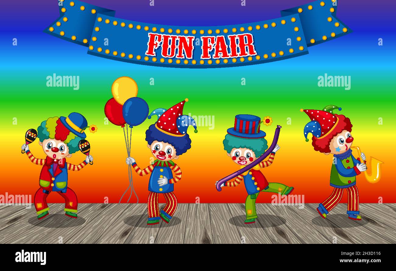 Funny clowns cartoon character on rainbow gradient background illustration Stock Vector