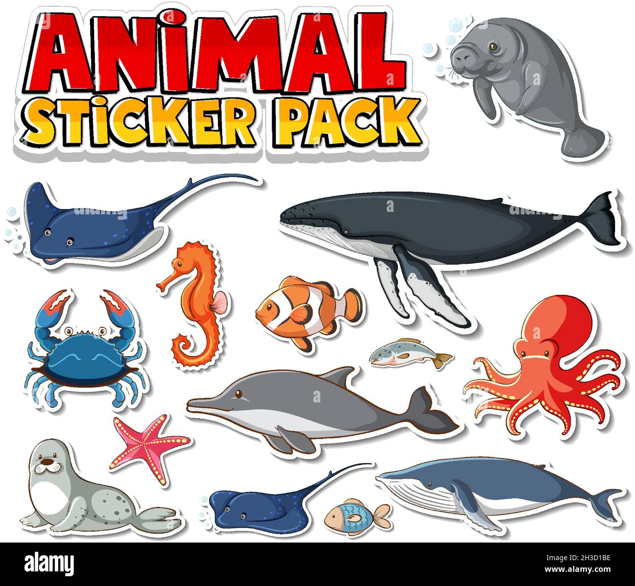 Cute sea animals sticker pack isolated illustration Stock Vector Image ...