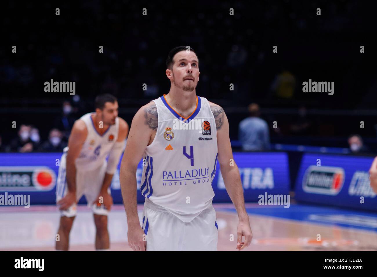 Thomas Heurtel (No.4) of Real Madrid seen in action during the Turkish  Airlines Euroleague basketball match between Zenit Saint Petersburg and Real  Madrid at Sibur Arena in Saint Petersburg.(Final score; Zenit 68:75