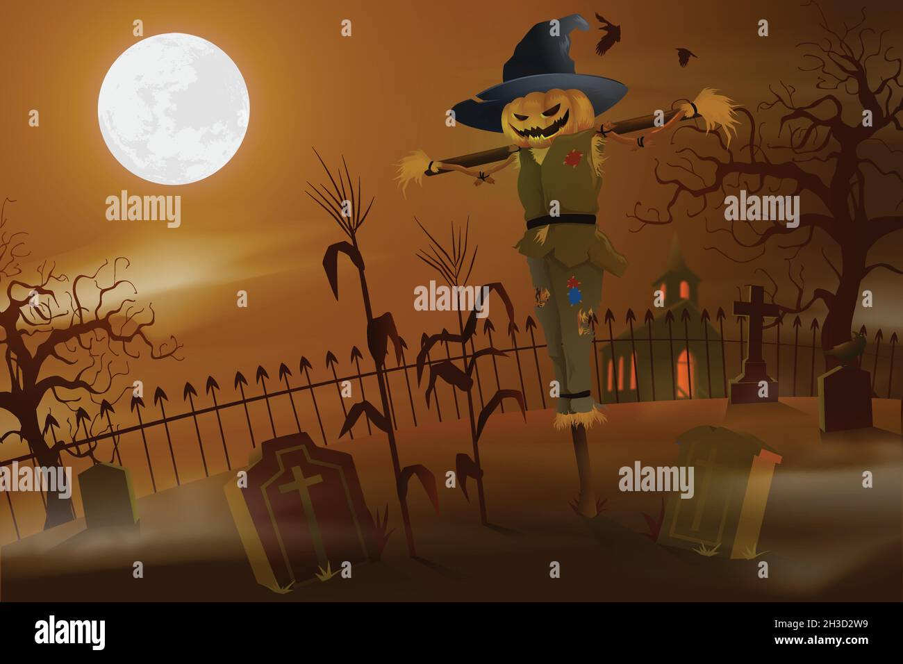 realistic halloween background with scarecrow design vector ...