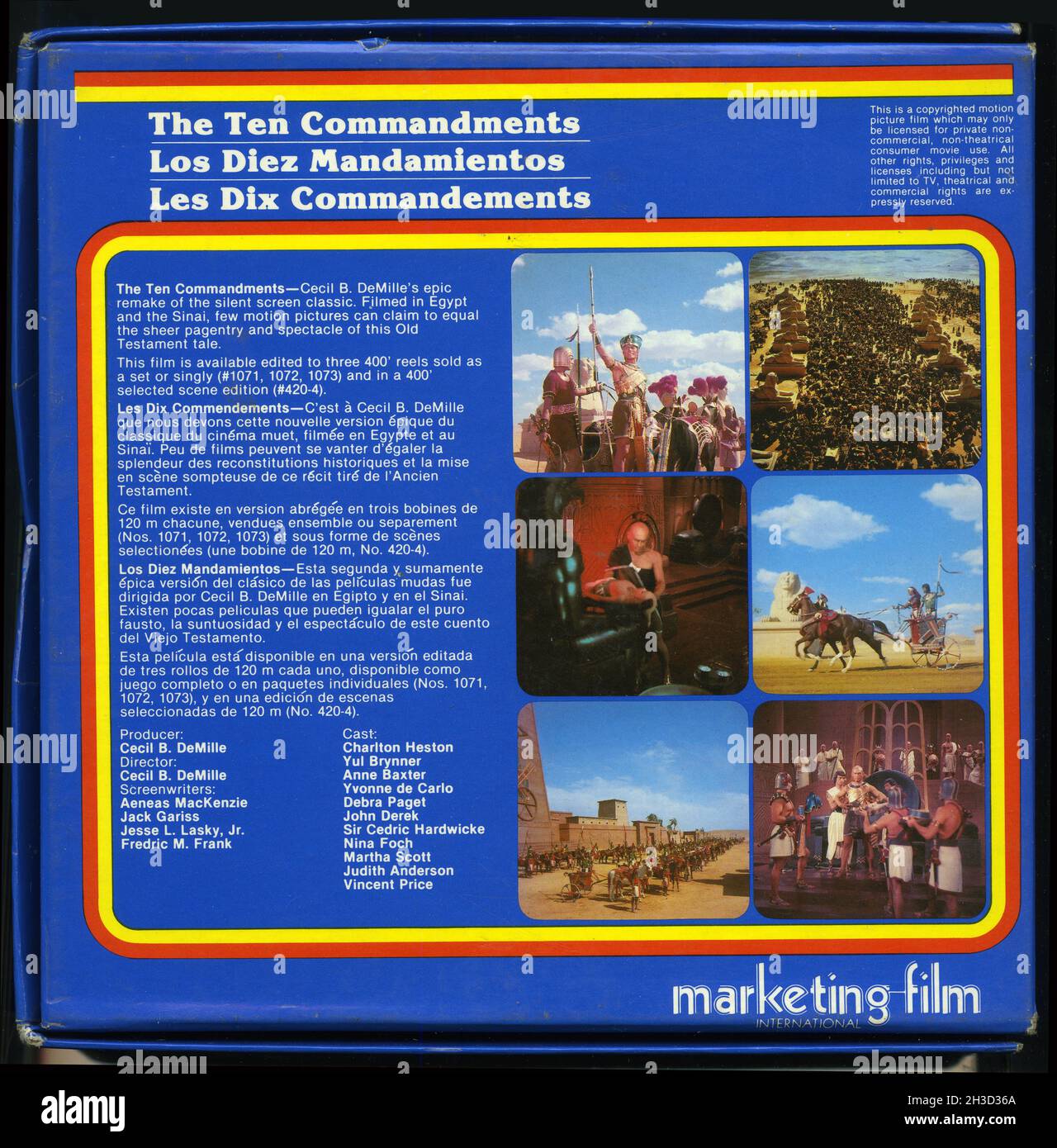 Back cover of a Super 8 fillm of the 1956 MGM film The Ten Commandments, starring Charlton Heston and Yul Brynner. Stock Photo