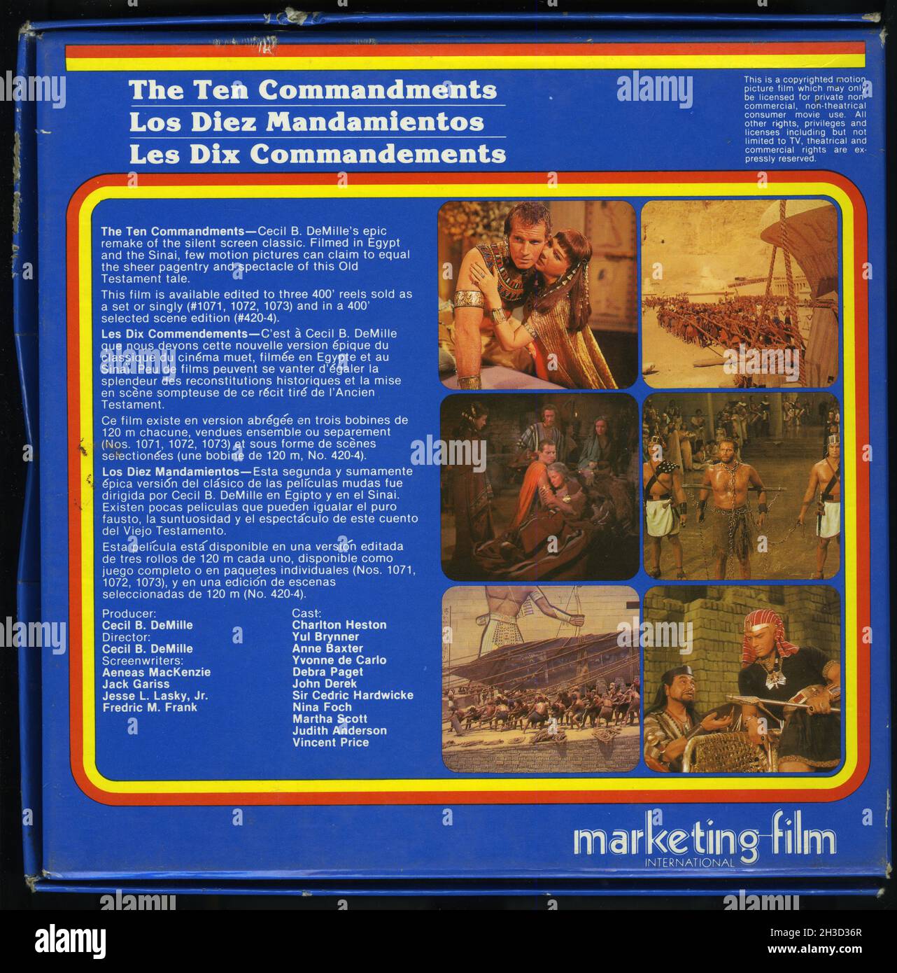 Back cover of a Super 8 fillm of the 1956 MGM film The Ten Commandments, starring Charlton Heston and Yul Brynner. Stock Photo