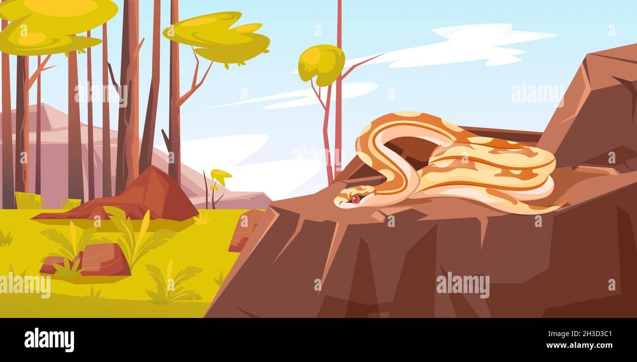 Snake in forest, python with red eyes and beige body with brown spots ...