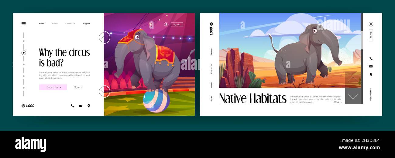 Banners of native habitats and problem of animal circus. Vector landing pages with happy elephant walking in african savannah and sad one standing on ball on circus arena Stock Vector