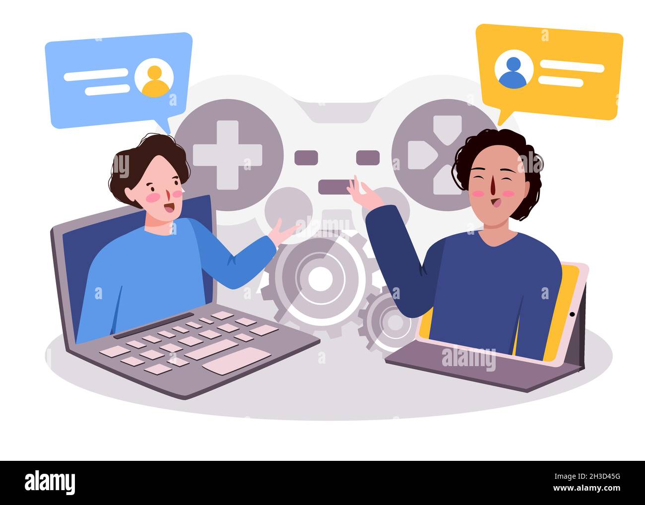 two people friends in laptop playing online game chat gamepad speech bubble modern cartoon color isolated vector illustration Stock Vector