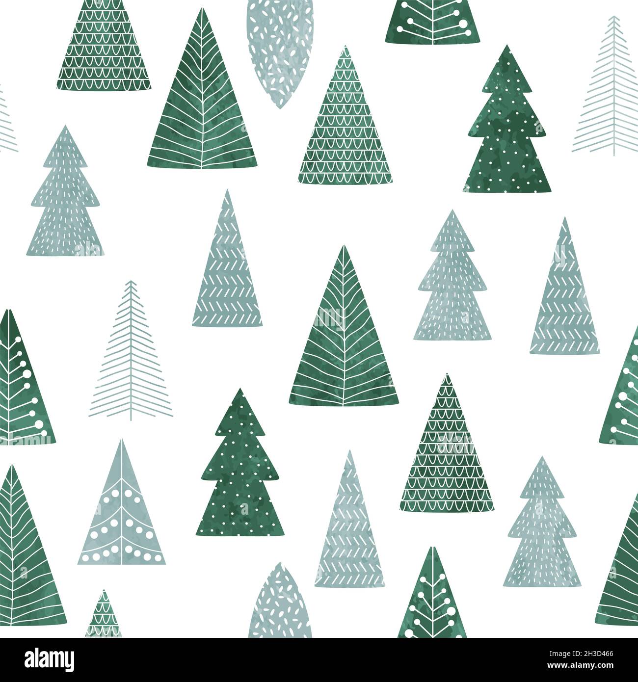 Merry Christmas hand drawn pine tree seamless pattern with watercolor nordic art decoration. Scandinavian style forest doodle cartoon background. Stock Photo