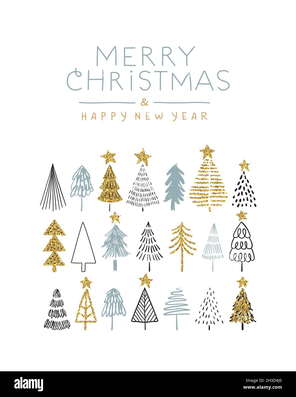 Merry Christmas Happy New Year greeting card illustration of luxury gold glitter pine tree doodle. Cute scandinavian style cartoon for party invitatio Stock Photo