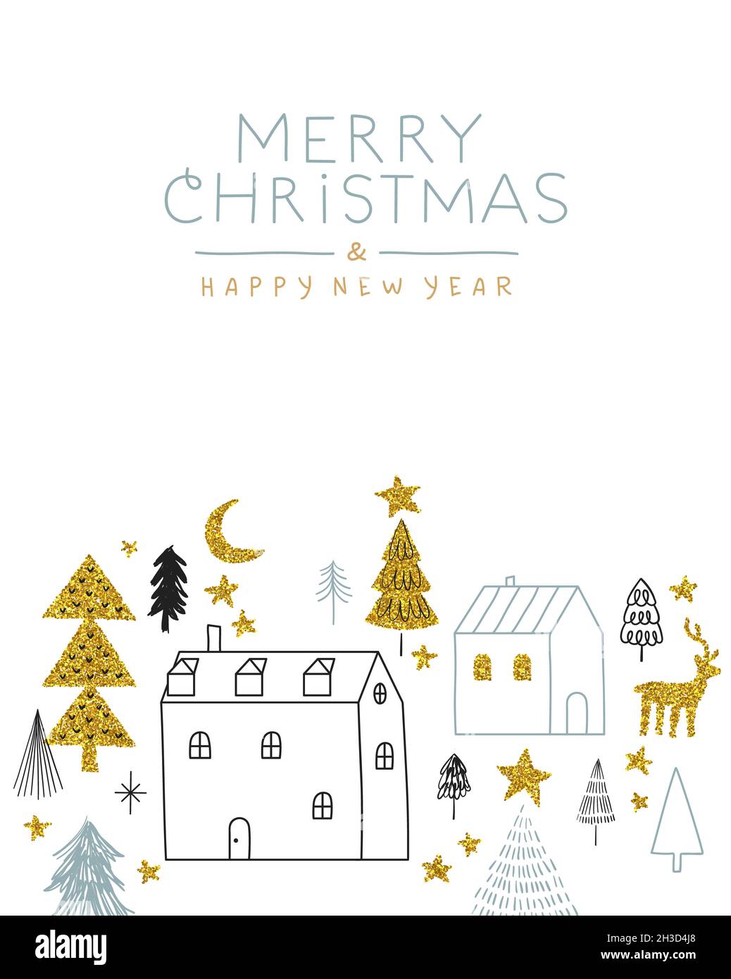 Merry Christmas Happy New Year greeting card illustration of gold glitter pine tree village with reindeer. Cute nordic style cartoon for party invitat Stock Photo
