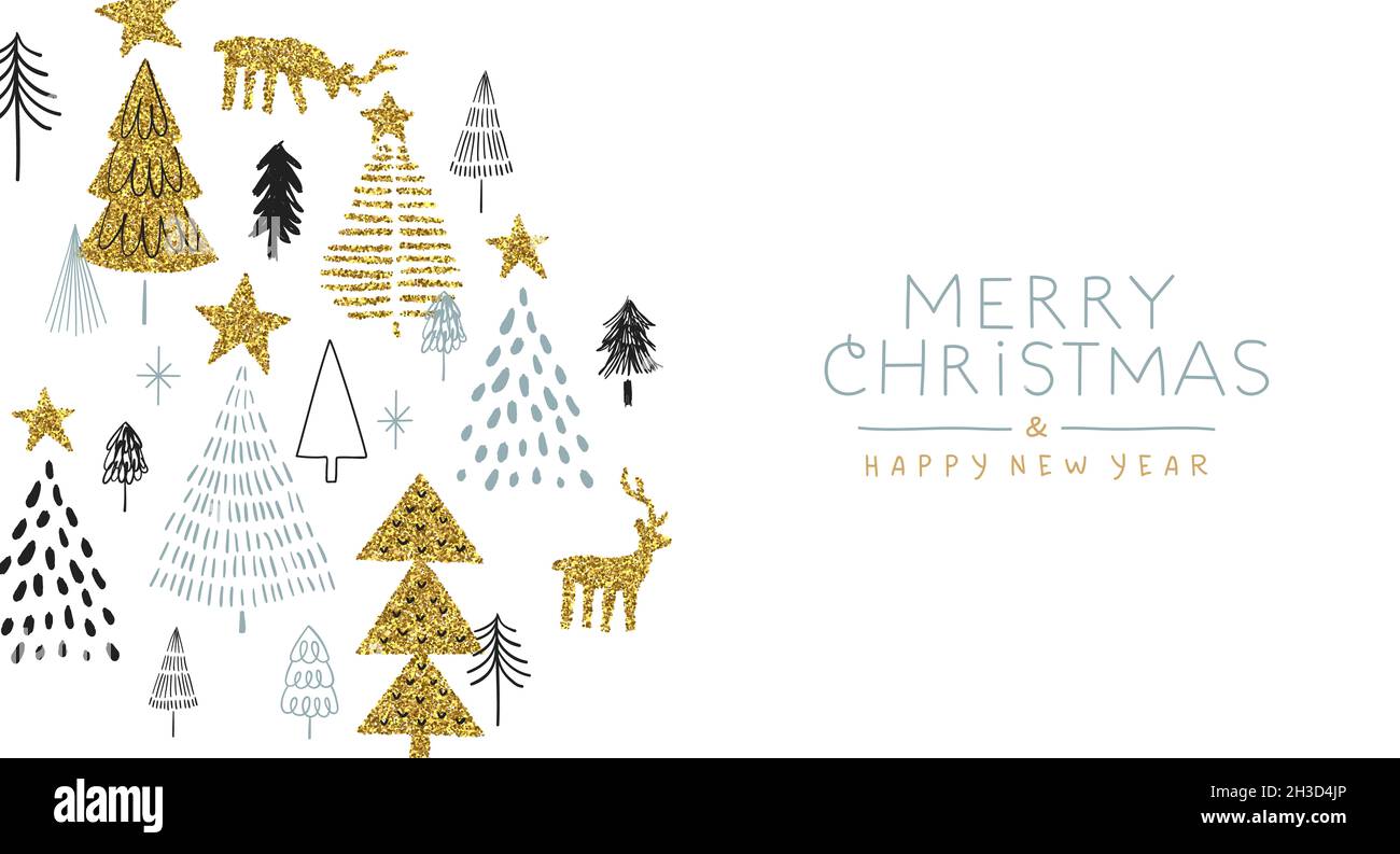 Merry Christmas Happy New Year luxury gold greeting card. Golden glitter winter decoration, cute scandinavian cartoon doodle design for party invitati Stock Photo