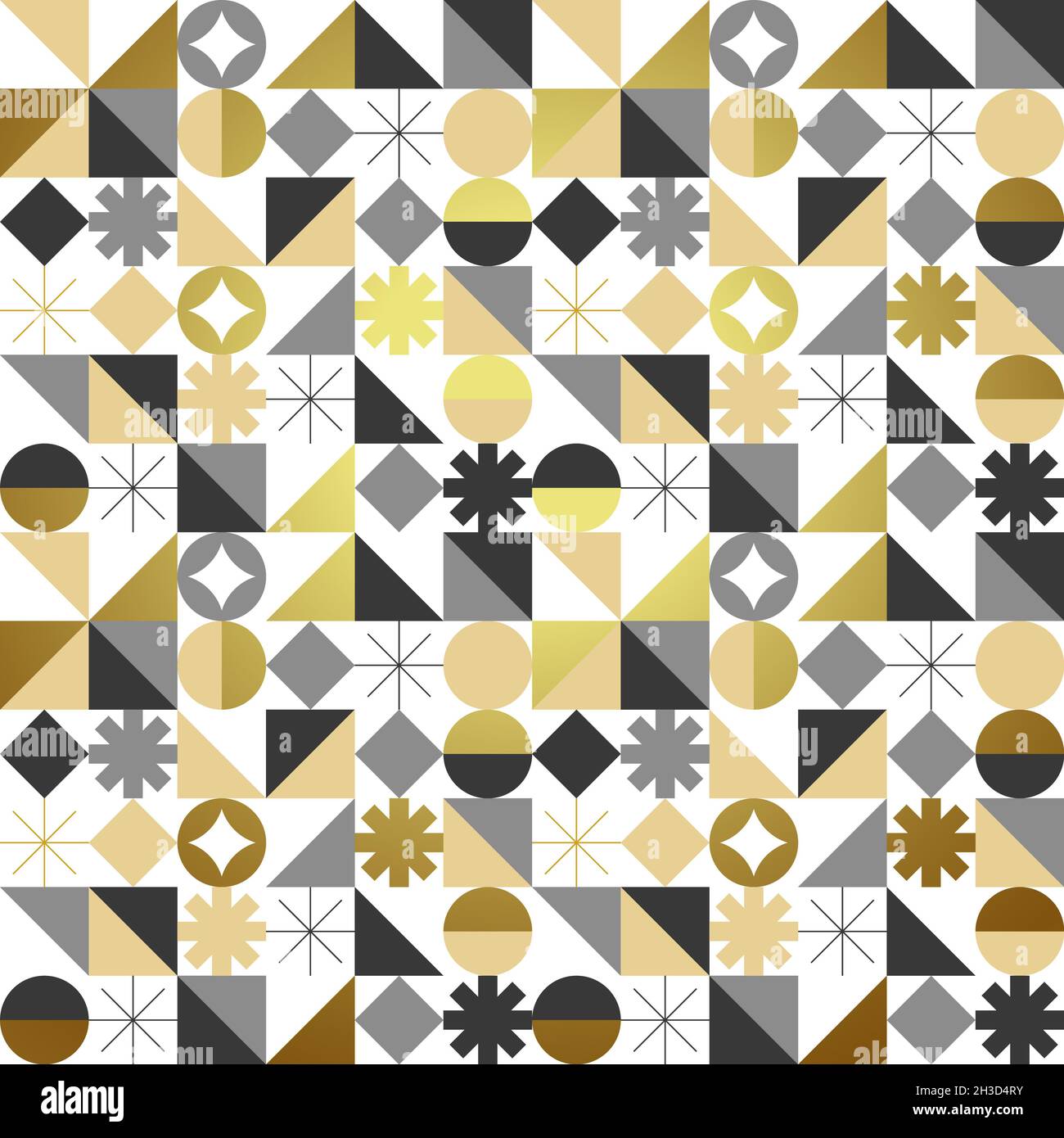 Abstract gold christmas mosaic seamless pattern with modern geometric shape decoration and winter holiday ornament. Golden nordic style background ill Stock Photo