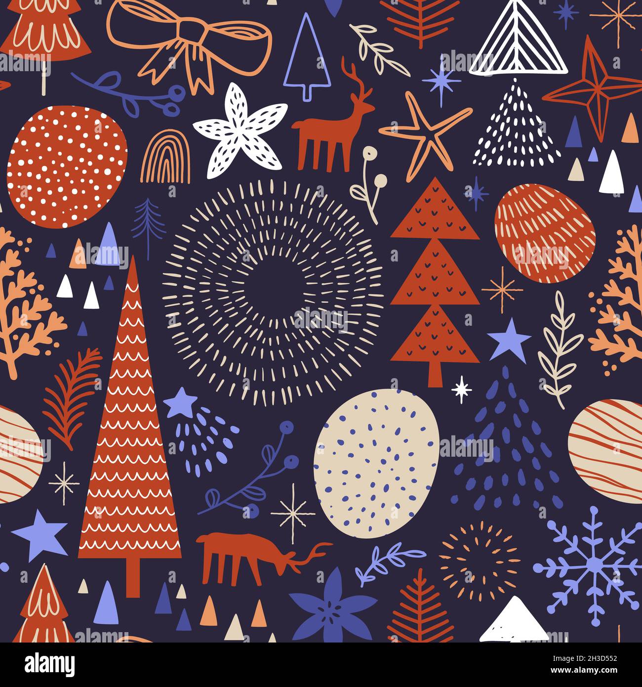 Merry Christmas hand drawn seamless pattern with cute winter holiday cartoon decoration. Scandinavian style forest doodle background includes pine tre Stock Photo