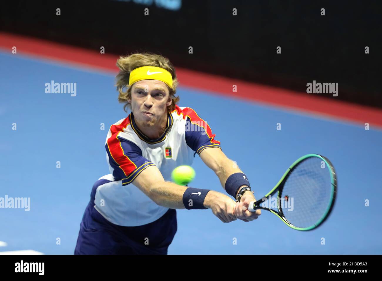 St. Petersburg, Russia. 27th Oct, 2021. Andrey Rublev of Russia seen in action during a match against Ilya Ivashka of Belarus at the St