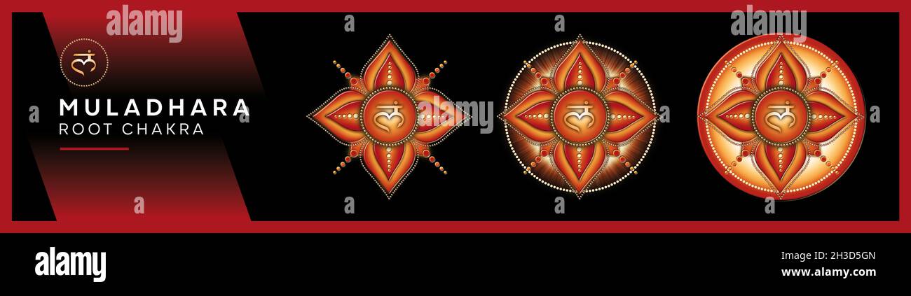 ROOT CHAKRA (1. Chakra, Muladhara) Chakra Symbols, Root Chakra - MULADHARA - Energy, Stability, Comfort, Safety - 'I AM' Stock Photo