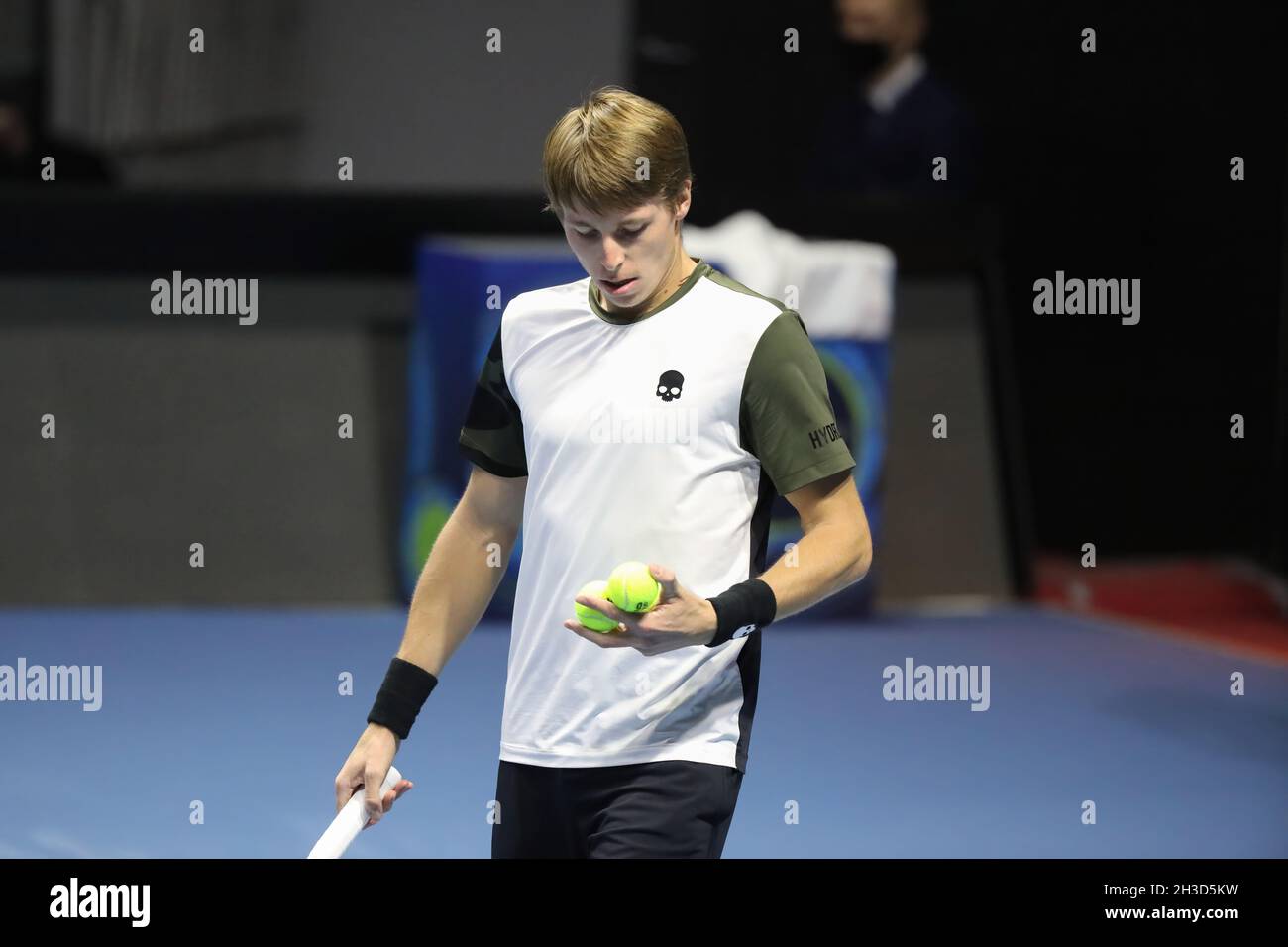 St. Petersburg, Russia. 27th Oct, 2021. Ilya Ivashka of Belarus seen in action during a match against Andrey Rublev of Russia at the St