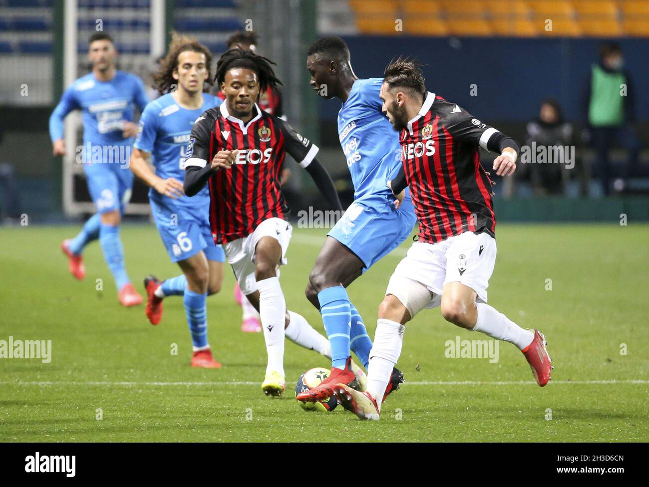 Pape Gueye of Marseille between Khephren Thuram and Amine Gouiri of Nice  during the French championship Ligue 1 football match between OGC Nice  (OGCN) and Olympique de Marseille (OM) on October 27,
