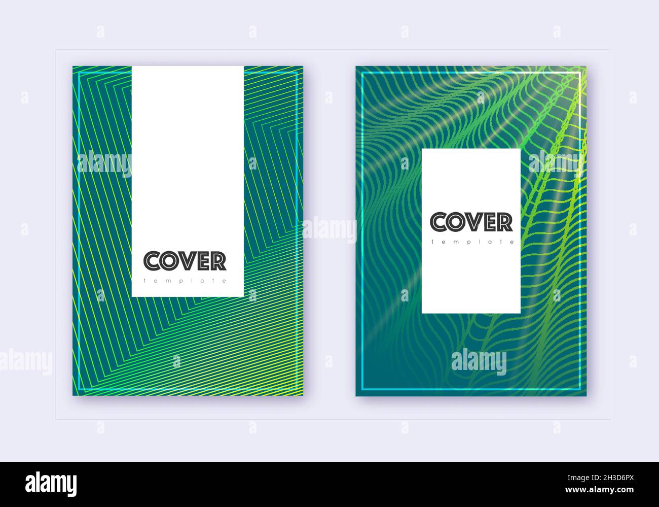 Hipster cover design template set. Green abstract lines on dark