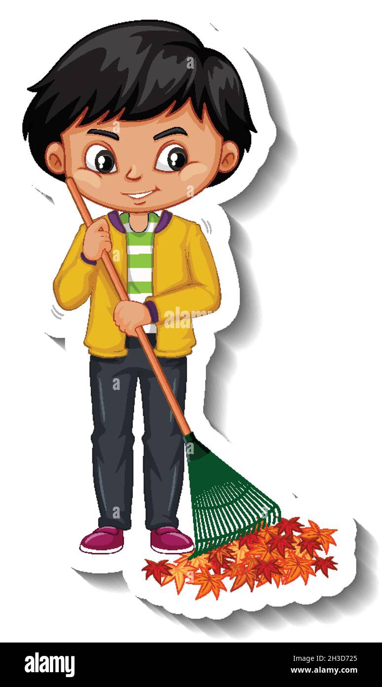 A boy holding broom cartoon character sticker illustration Stock Vector ...