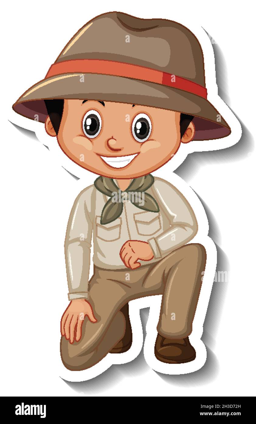 Boy in safari outfit cartoon character sticker illustration Stock ...