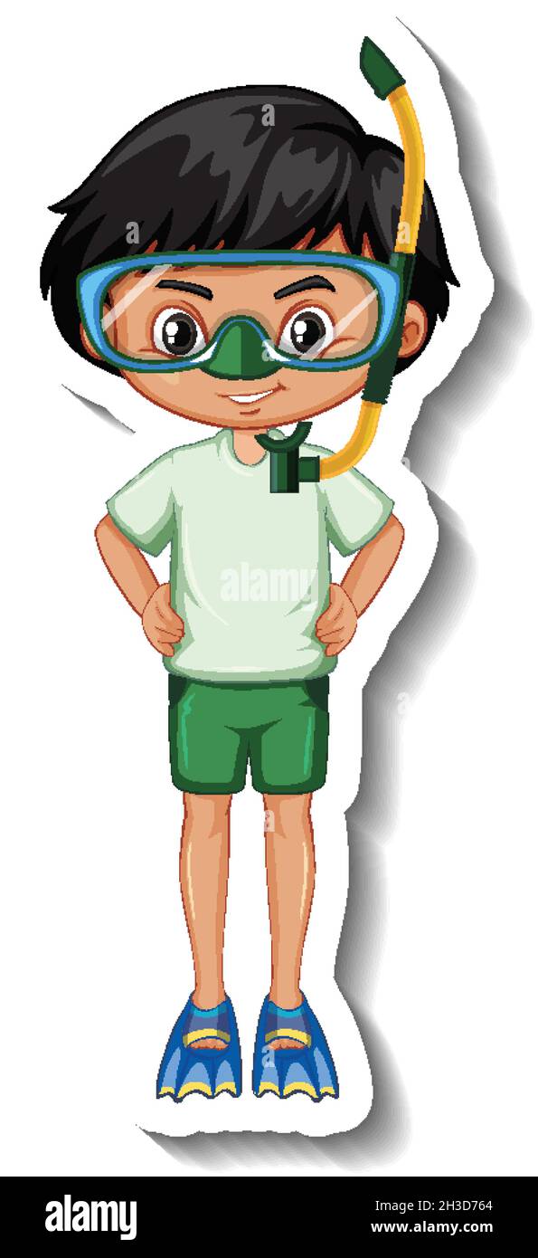 Boy wears snorkeling mask cartoon character sticker illustration Stock