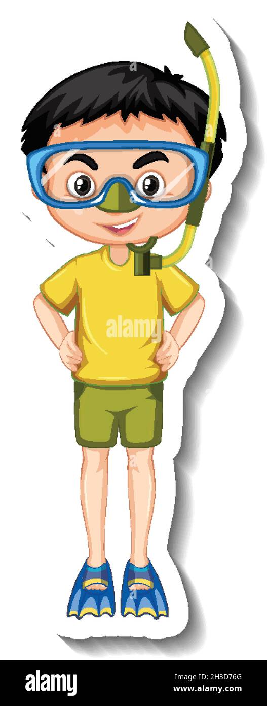 Boy wears snorkeling mask cartoon character sticker illustration Stock