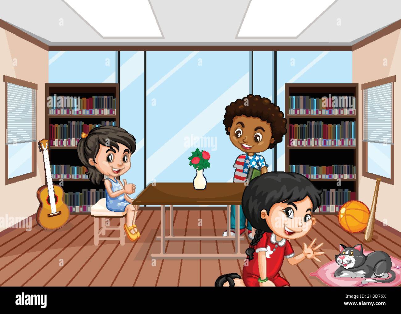 Library room interior with children illustration Stock Vector Image ...