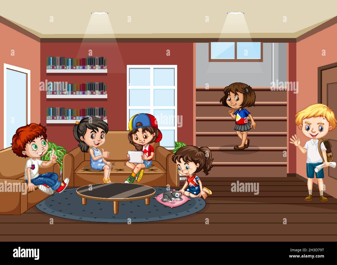 School library interior with children group illustration Stock Vector ...