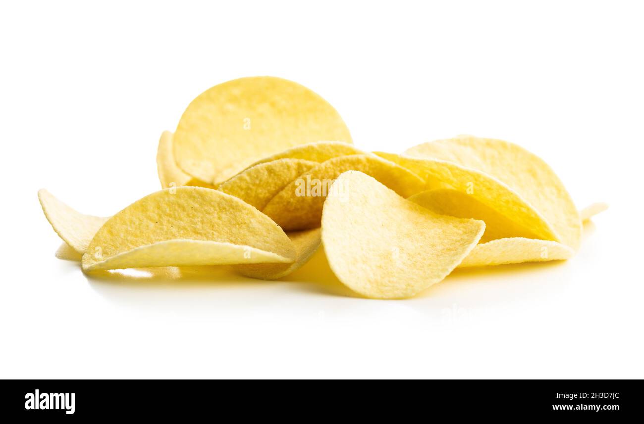 Crunchy potato chips. Potato crisps isolated on white background. Stock Photo