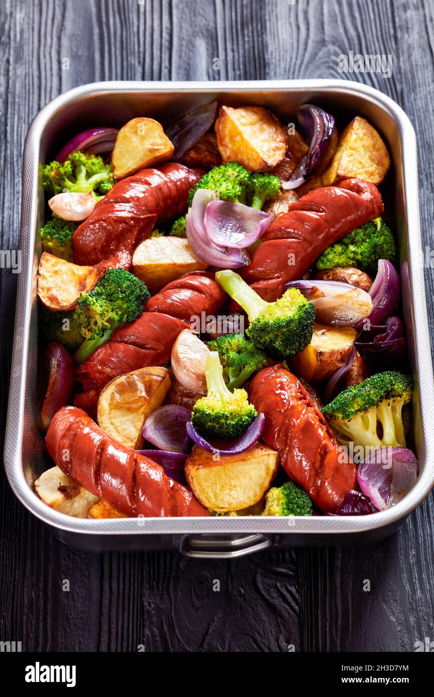 Sausage and vegetable traybake with smoked pork sausage, broccoli
