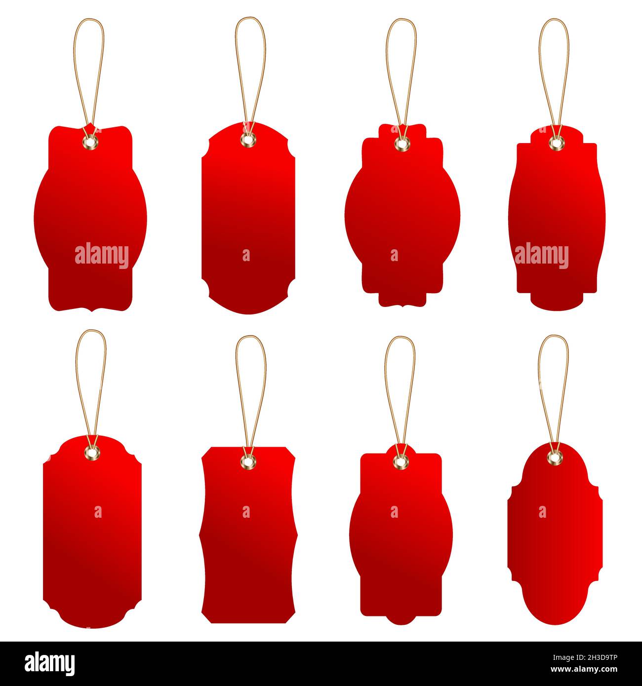 Set of red price or luggage tags of vintage shapes with rope Stock Vector