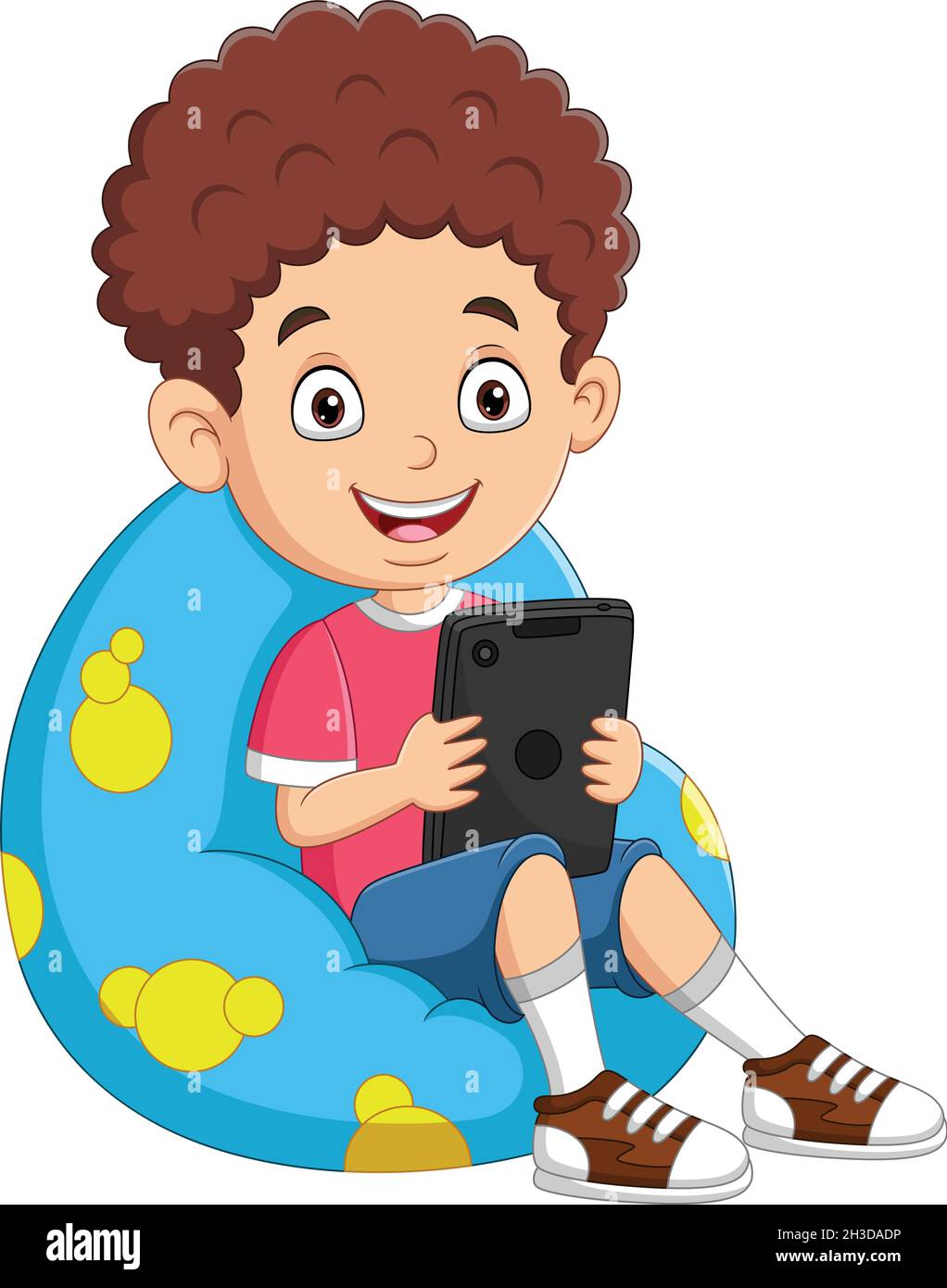 Little boy playing tablet on big pillow Stock Vector