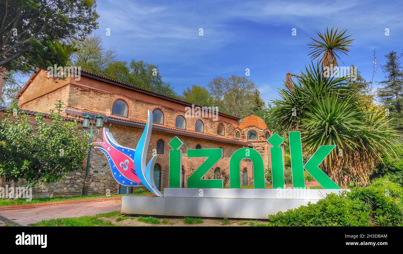 Old and holy city for christianity of Nicaea and its logo near the hagia sophia mosque in iznik bursa Turkey existing on the public park. Stock Photo